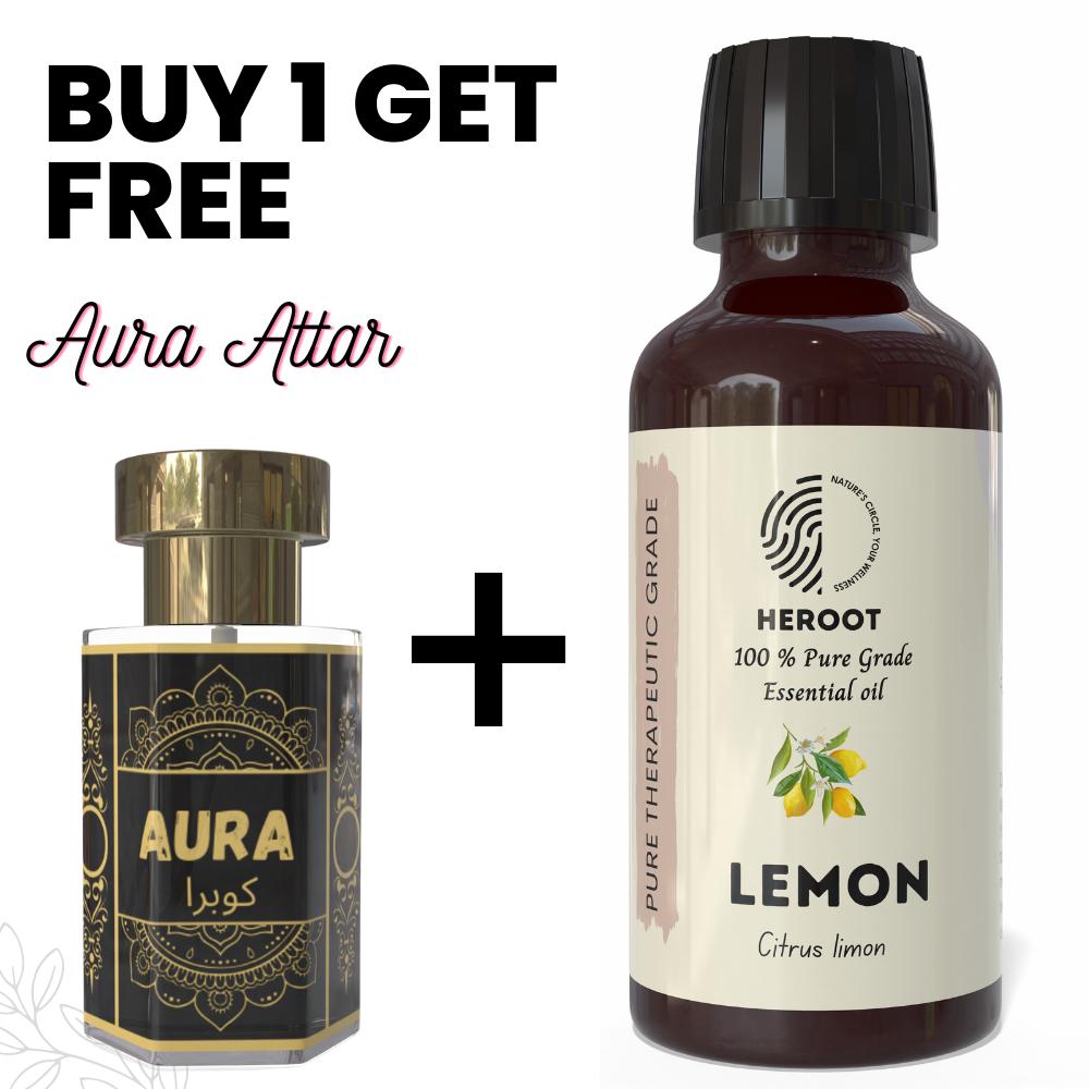 Zitronen-Ätherisches Öl 10 ml für Aromatherapie & Raumduft – 1 kostenloses Attar 6 ml erhalten – Aqua AQ, Dubai Oud, Aura, White Oud