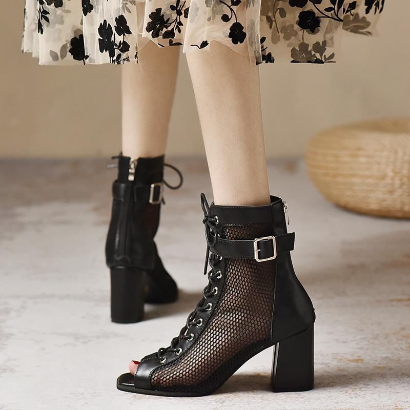 Fashion Square Heel Cool Boots Summer New Round Head Open Toe Splicing Mesh Fabric Back Zipper Non-slip High Heels