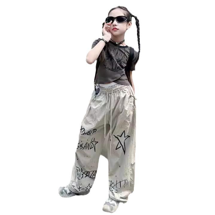 Girls' 2024 Summer Hip-Hop Graffiti All-Match Long Pants