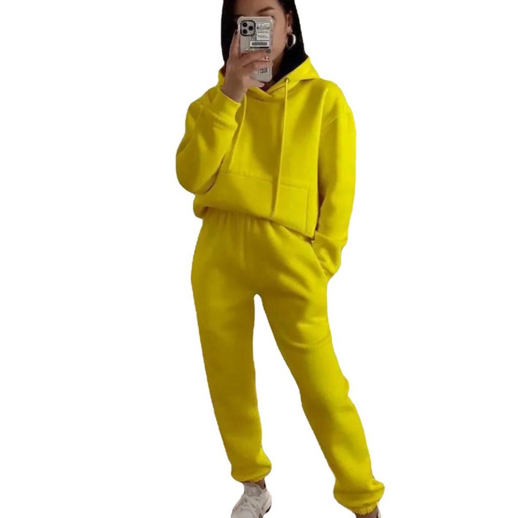 1116 Yama European and American popular casual hooded long-sleeved pocket sweater solid color sports suit two-piece set