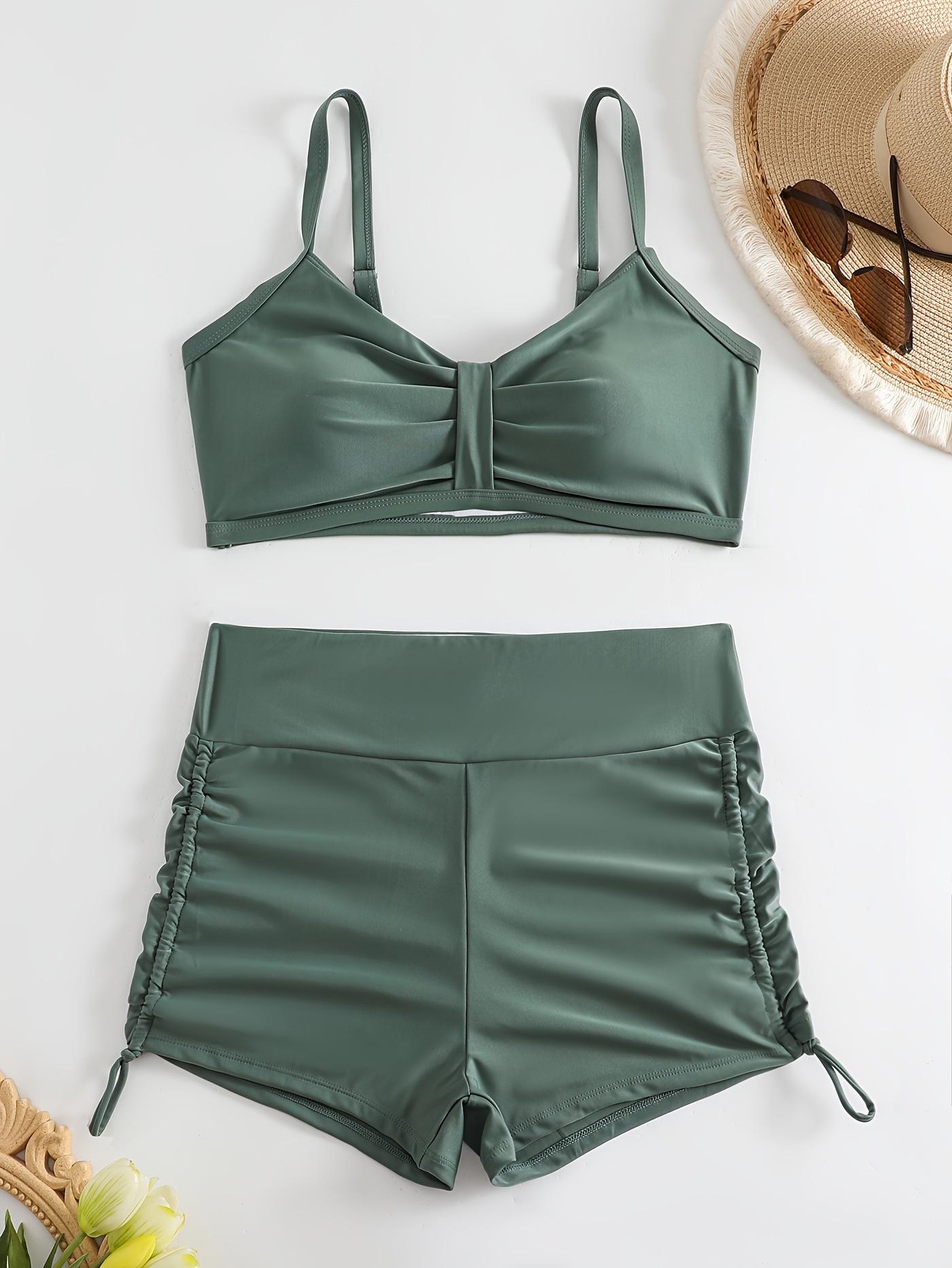 

Plus Size Tie-Up Solid Color Bikini with Split and Flat Leg Swim Trunks (European & American Style, 2026) S армія зелений колір