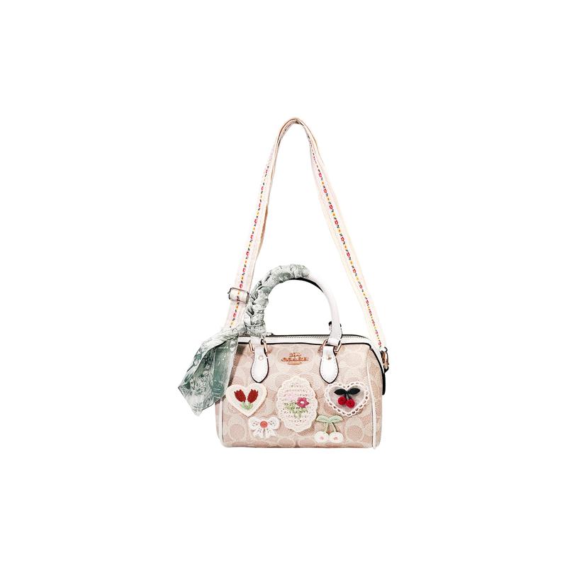 

COACH shoulder bag [Customized bag] Rowan 18 classic printed zipper closure, cherry rose embroidered patch green silk scarf spring letterhead зелений