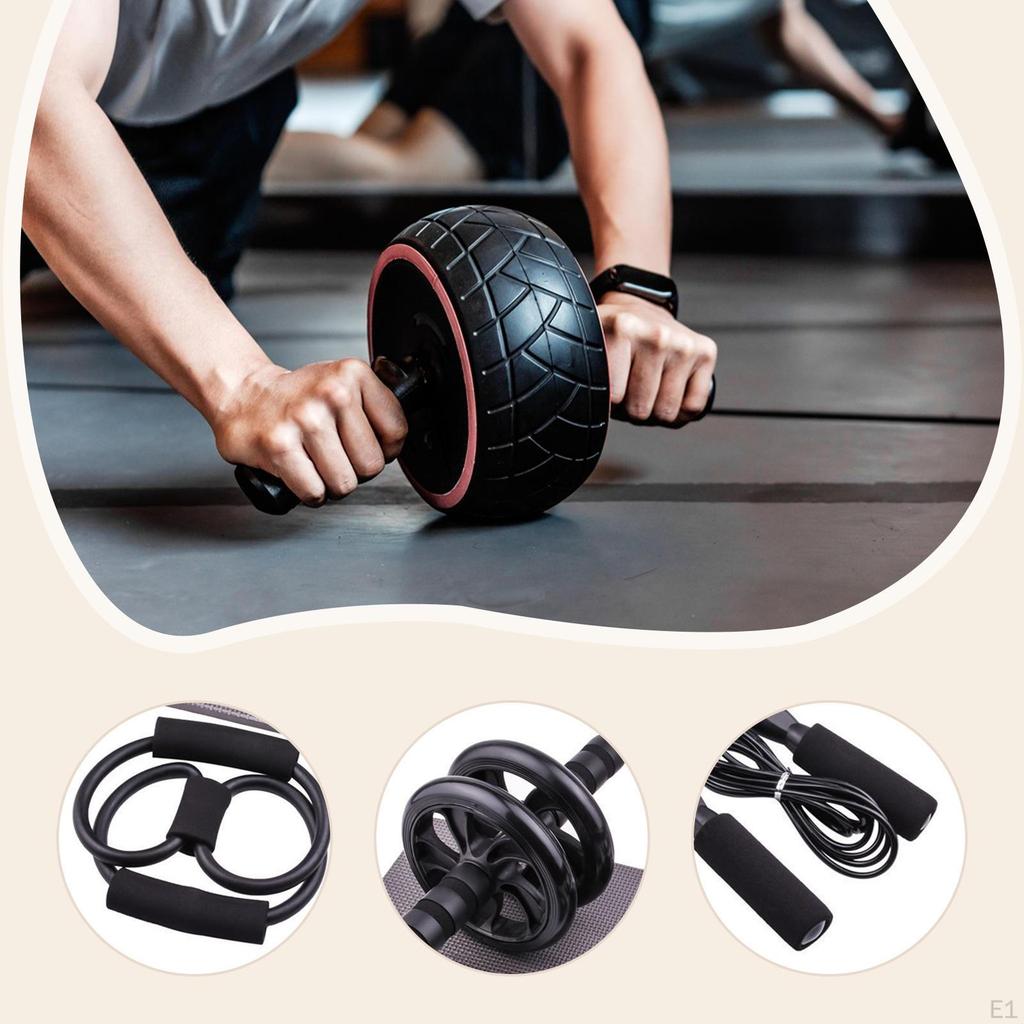 7 Piece Ab Workout Roller Wheel Kit Jump Rope Knee Pad Accessories Anti Slip Grip for Men and Women
