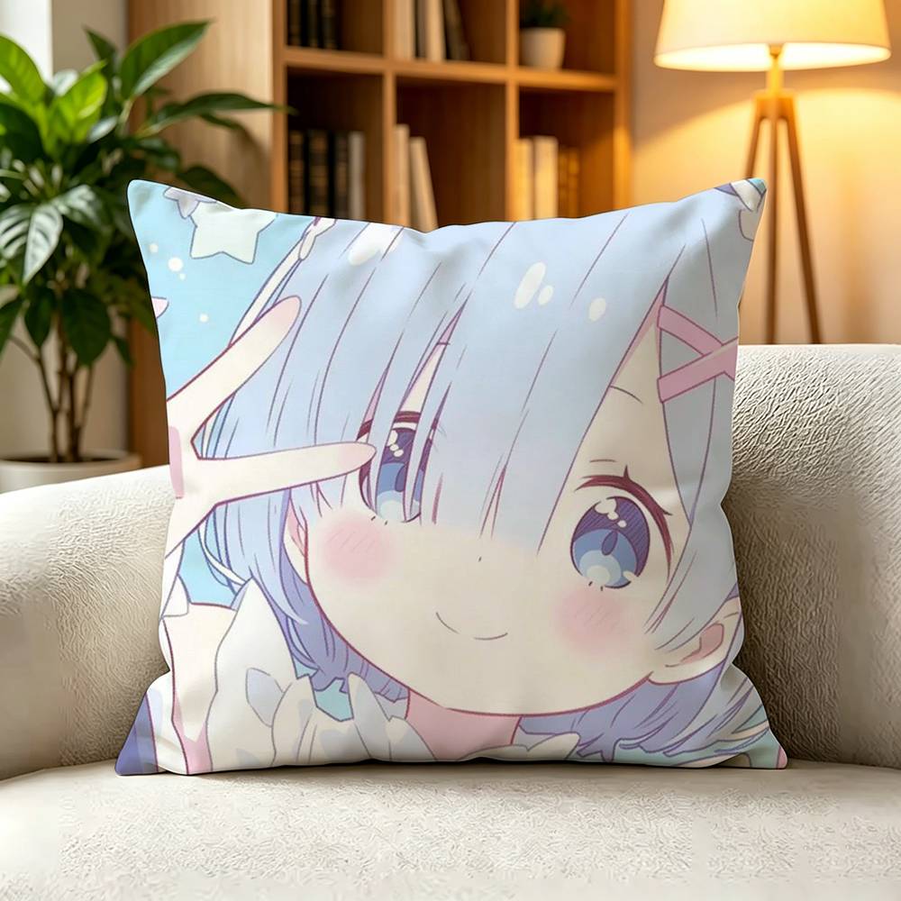 RReZERO Rem Blue Hair Oni Girl Square DoubleSided printed Pillow Case Bedroom Bedside Pillow Sofa Cushion Cover