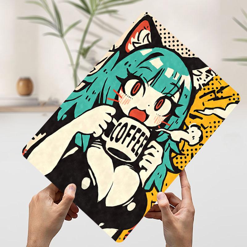 Kawaii Anime Cat Girl Coffee Printed Poster Customized Wall Art Retro Vintage Metal Tin Signs for Home Decoration Aesthetic Room