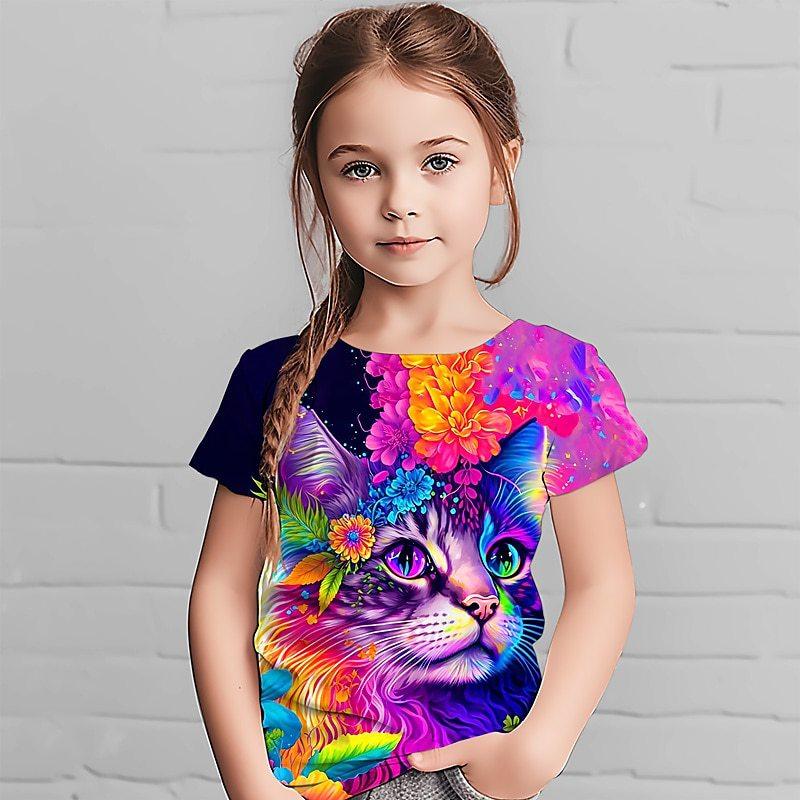 Summer New Cute Cat T-shirt 3-14 Year Old Children's 3D Cartoon Anime Pattern Children's Girls Boys Fashion Short Sleeves