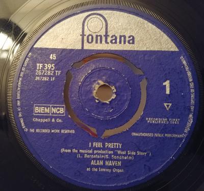 Disque 7 pouces ALAN HAVEN - I Feel Pretty TF395 Fontana 1963 UK Jazz Occasion