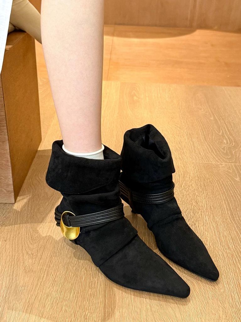 Fashion New European and American Suede Pleated Slip-on Metal Buckle Two-way Fashion Women's Mid-calf Boots