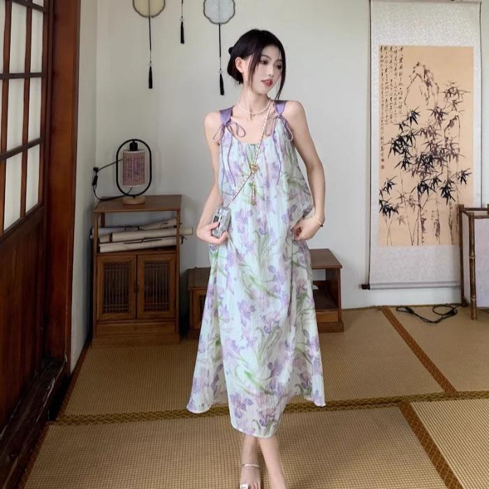 Summer new women s clothing pendant purple floral suspender skirt chiffon dress medium and long dress S