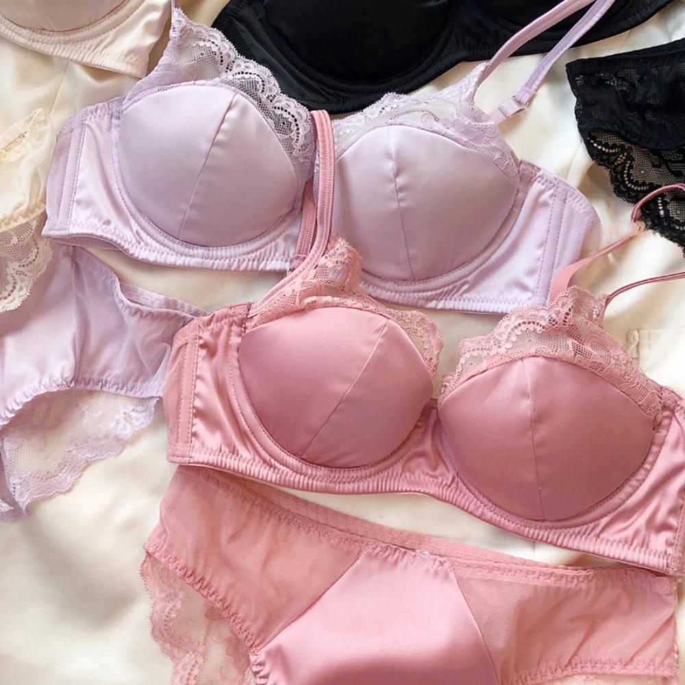 High Quality Satin Women Lingerie Set French Sexy Lace Push Up Bra Summer Thin Cup Comfort Intimates Underwear Bra Briefs Set