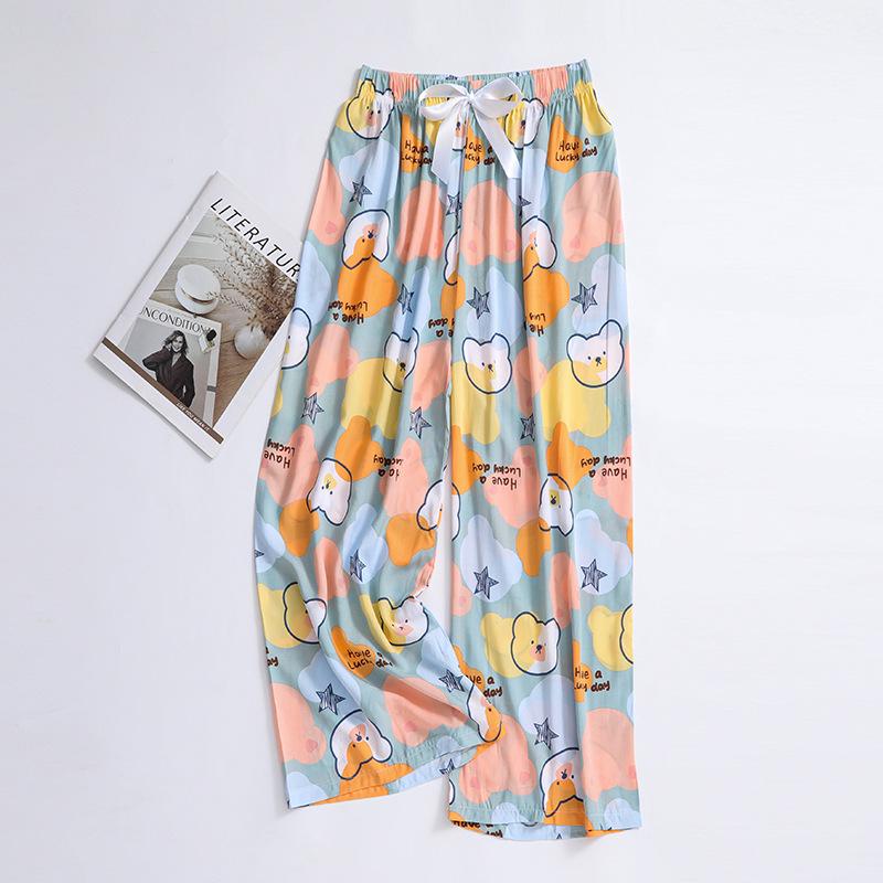 Damen Übergröße Baumwolle Viskose Pyjamahose, Cartoon-Blumendruck, Lockere Neun-Punkt-Strandhose, Outdoor-Bekleidung