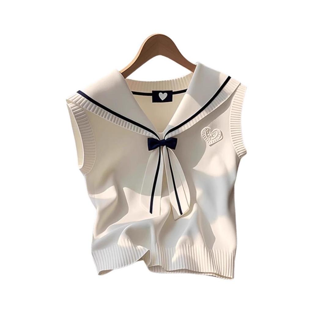 2025 Summer Milk White Knit Sailor Collar Bow Vest - Korean Style Women's Tank Top