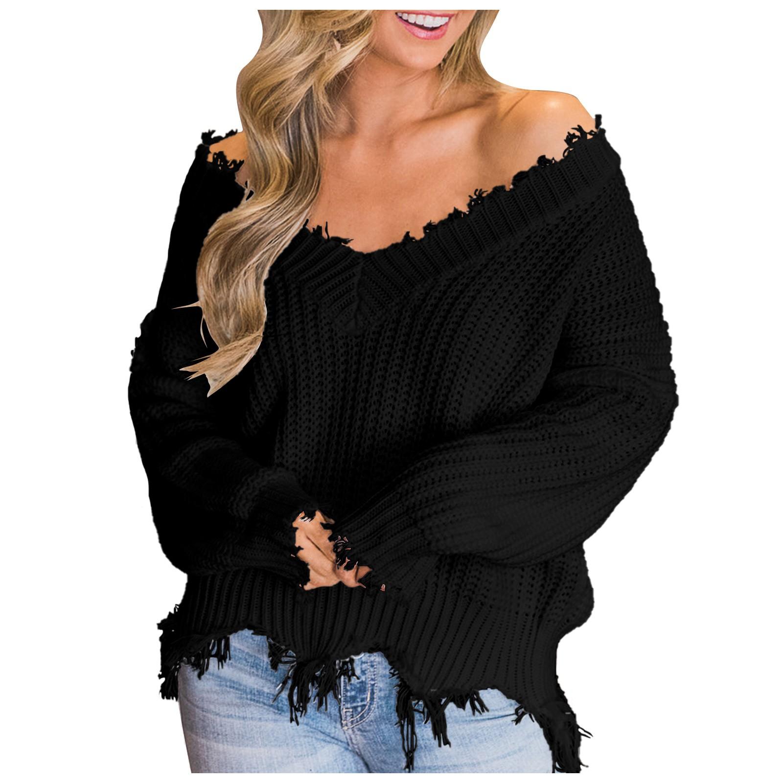 

Женский однотонный свитер с длинным рукавом и v-образным вырезом, повседневный свободный вязаный пуловер, джемпер XXXL чёрный