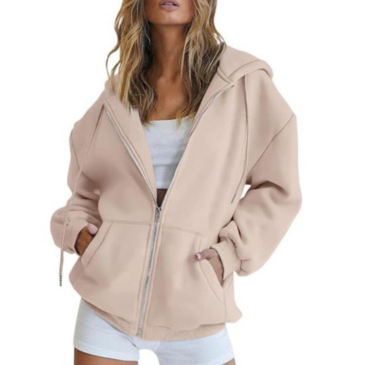 Women Warm Hoodie Winter Autumn Casual Loose Long Sleeves Cardigan Solid Color Zipper Hooded Drawstring Outerwear