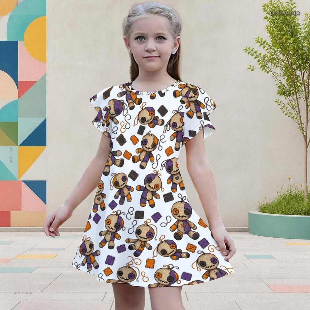Girls White Halloween Printed Dress Round Neck Flutter Sleeve A Line Flared Dress