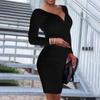 2024 Women's Sexy Deep V Neck Long Sleeve Dress Ladies Pleated Hip-hugging Dress Elegant Party Dress