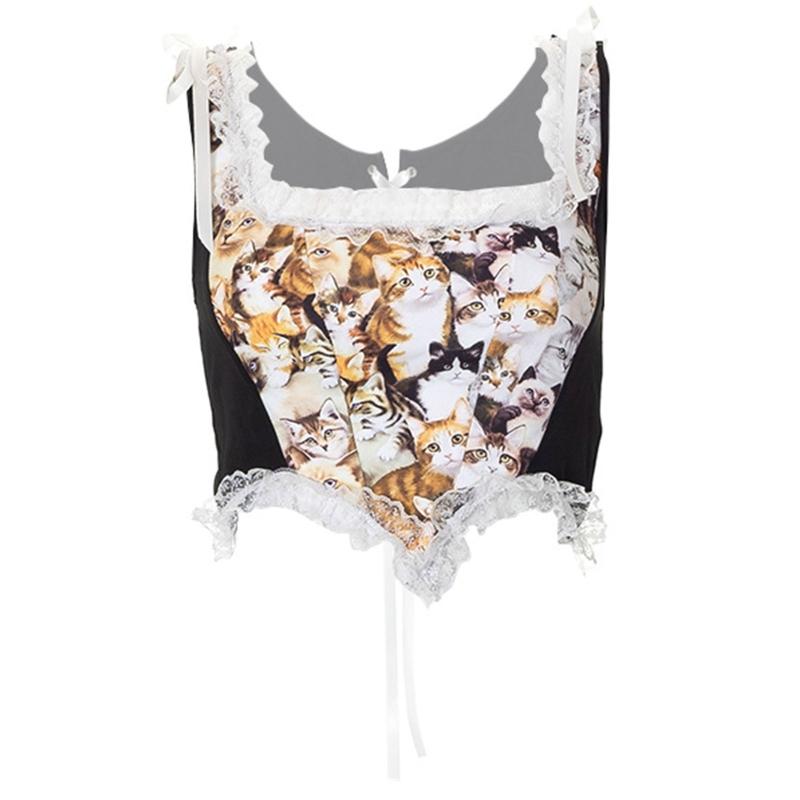 

Vintage Kitten Printed Sleeveless Tops Women Lace Brim Body Shaper Girdle Streetwear Costume Crops for Teenagers L