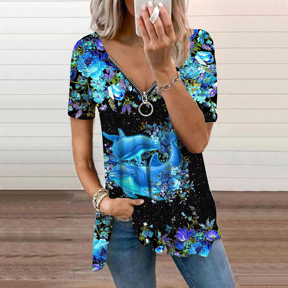 

Женский топ, летний новый модный повседневный топ с кристаллами и дельфином на молнии с v-образным вырезом и короткими рукавами 8XL