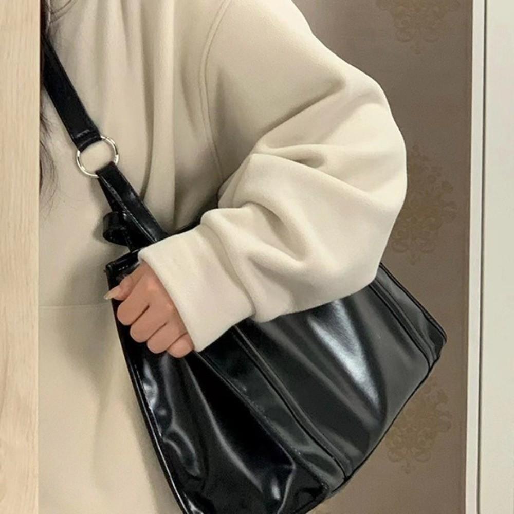 Large Capacity PU Leather Shoulder Bag College Student Large Handbag Black Tote Bag  Girls Gift