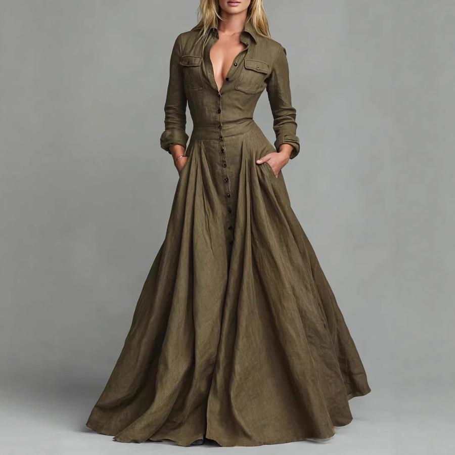 Women's Ins Style Solid Buttoned Shirt Collar Long Sleeve Maxi Dress