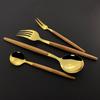 Dinnerware Set With Wooden Handle 4Pcs Gold Flatware Cutlery Set Coffee Spoon Dinner Knife Fish Fork Silverware Tableware Set
