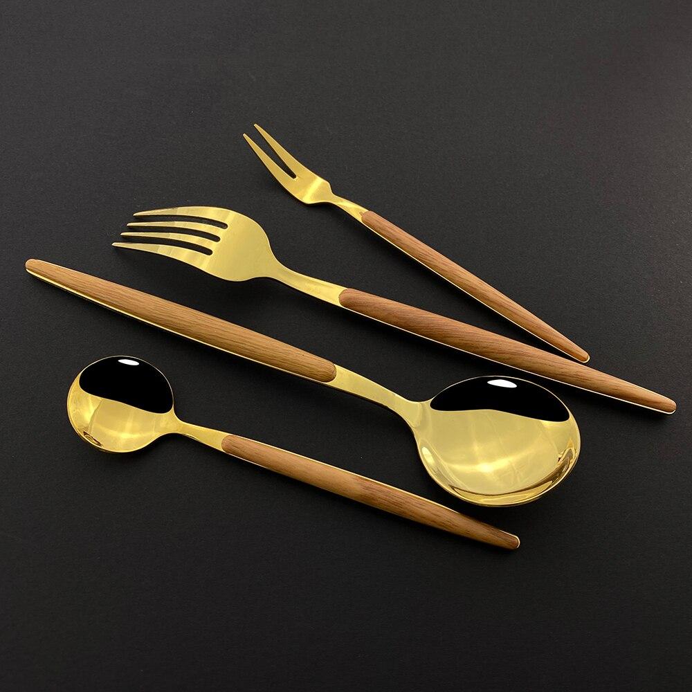 Dinnerware Set With Wooden Handle 4Pcs Gold Flatware Cutlery Set Coffee Spoon Dinner Knife Fish Fork Silverware Tableware Set