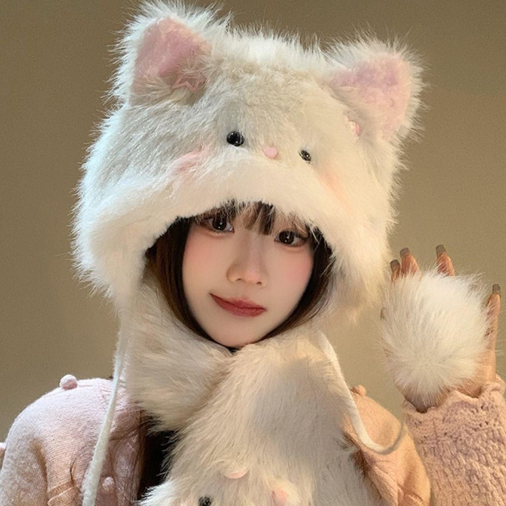 Cute Cat Ear Protection Cap Thickened Warm Winter Warm Cap New Cartoon Hat Scarf  Winter