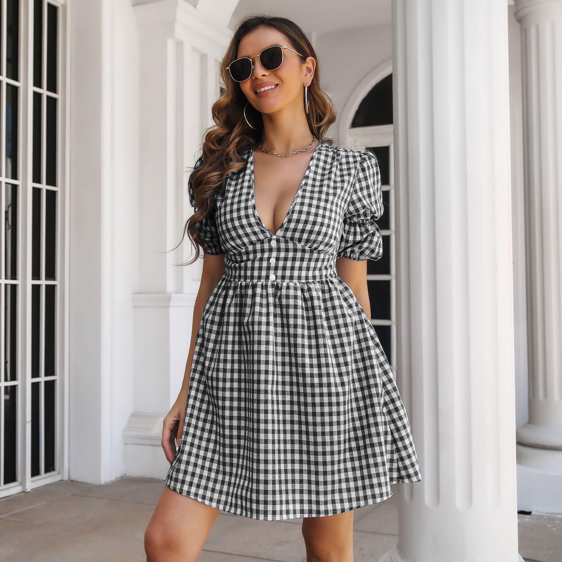 

GMXIA Женская мода лето весна клетчатый принт с коротким рукавом и v-образным вырезом с высокой талией повседневные платья L чёрный