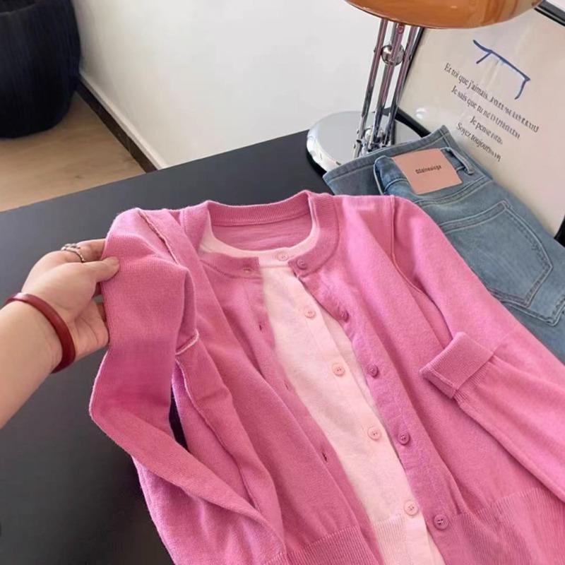 Rose pink fake two-piece knitted cardigan women's new small top, high-end early autumn wear