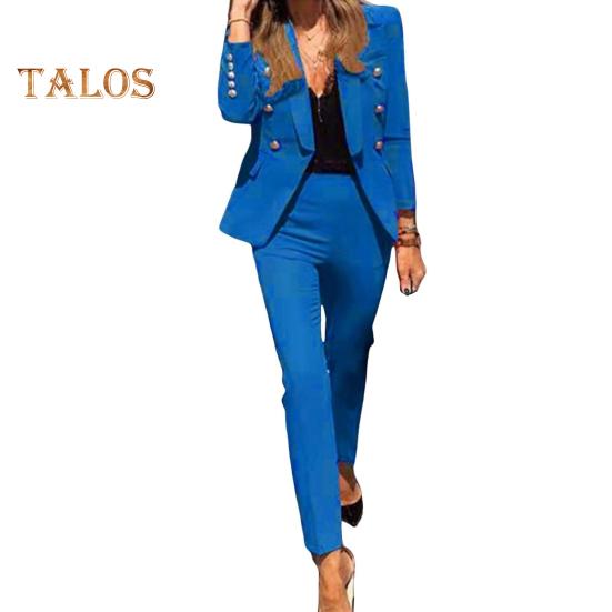 

Комплект из 2 предметов: женское пальто и брюки, отложной воротник, декор на пуговицах, длинные рукава, куртка, облегающие брюки чистого цвета, повседневная одежда, наряд для поездок на работу M синий