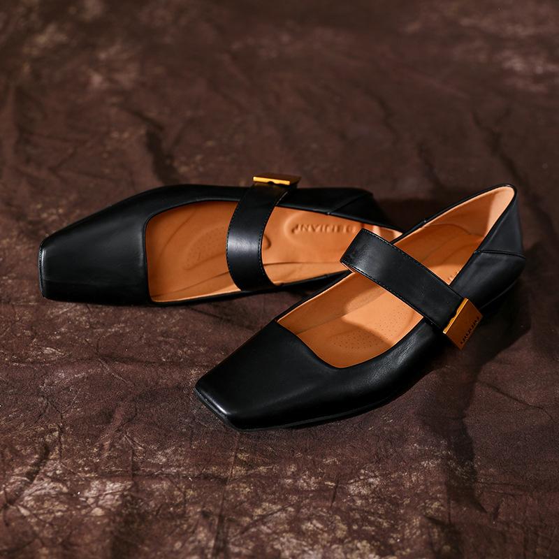 X Fairy Mary Jane Shoes Velcro Soft Leather Versatile Square Head Single Shoes Low Heel Stepable Heel