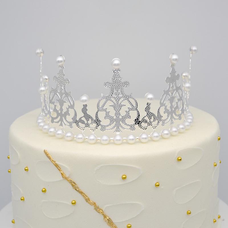 1Pc Pearl Crown Half Crown Cake Decoration Crown Flower Ornaments Children's Hair Ornaments Korean Iron Sheet Pearl Crown