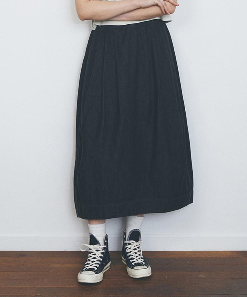 Columbia University All-Round Pleats Denim Long Skirts Black Denim