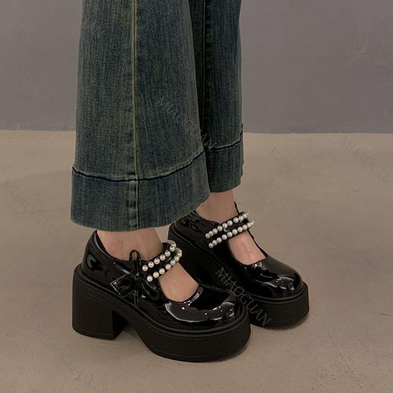 Fashion Pink Thick Bottom Mary Jane Shoes Women Spring Autumn New Sweet Pumps Fashion Pearl Retro Thick High Heel Loafers Women's Shoes