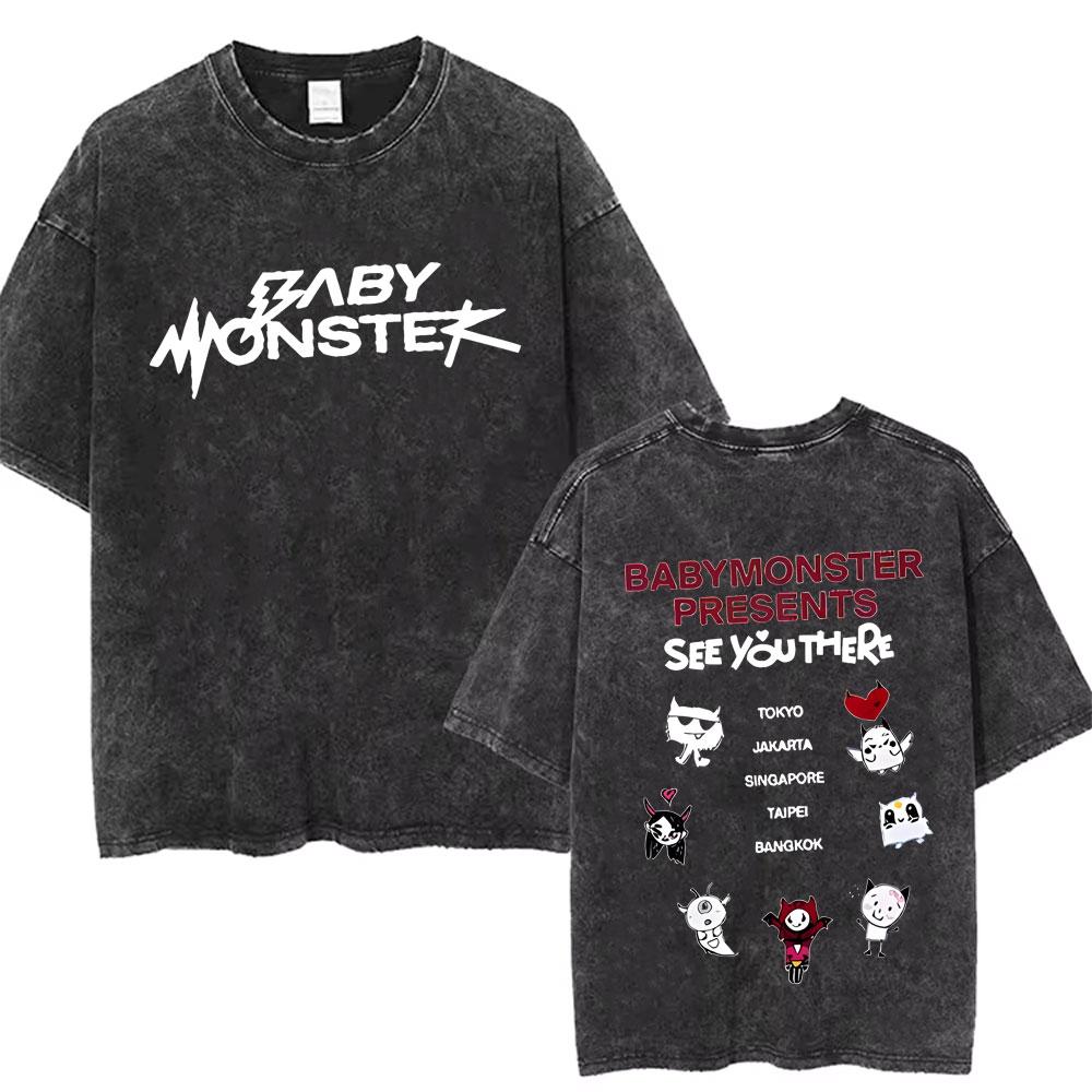 Babymonster Washed Vintage Tshirt Hello Monsters World Tour Graphic Tshirt Mens Korean Fashion Oversized Streetwear T Shirts