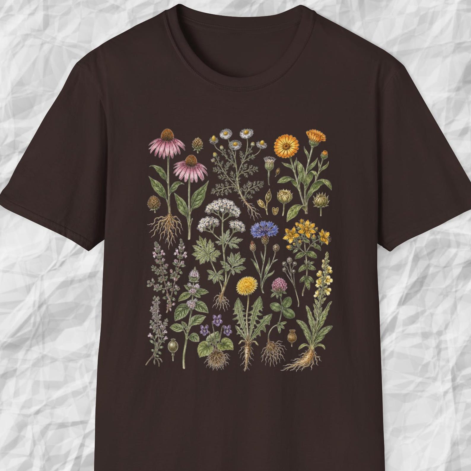 Pressed Wildflower Shirt, Botanical Flower Tee, Meadow Garden T shirt, Nature Lover Shirt, Summer Floral Tee L
