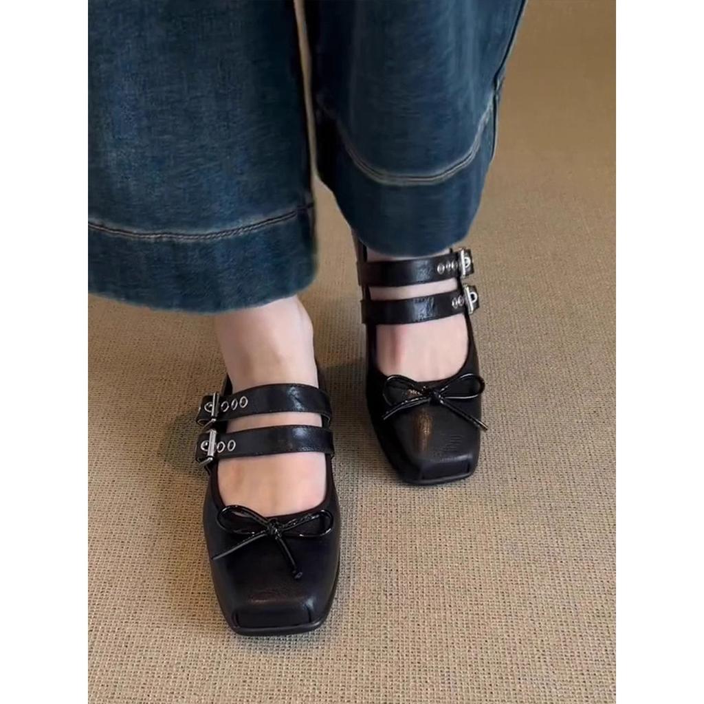 2025 New Thick-soled One-word Ballet Shoes for Women, Comfortable Soft-soled Retro Pig Nose Mary Jane Single Shoes for Women