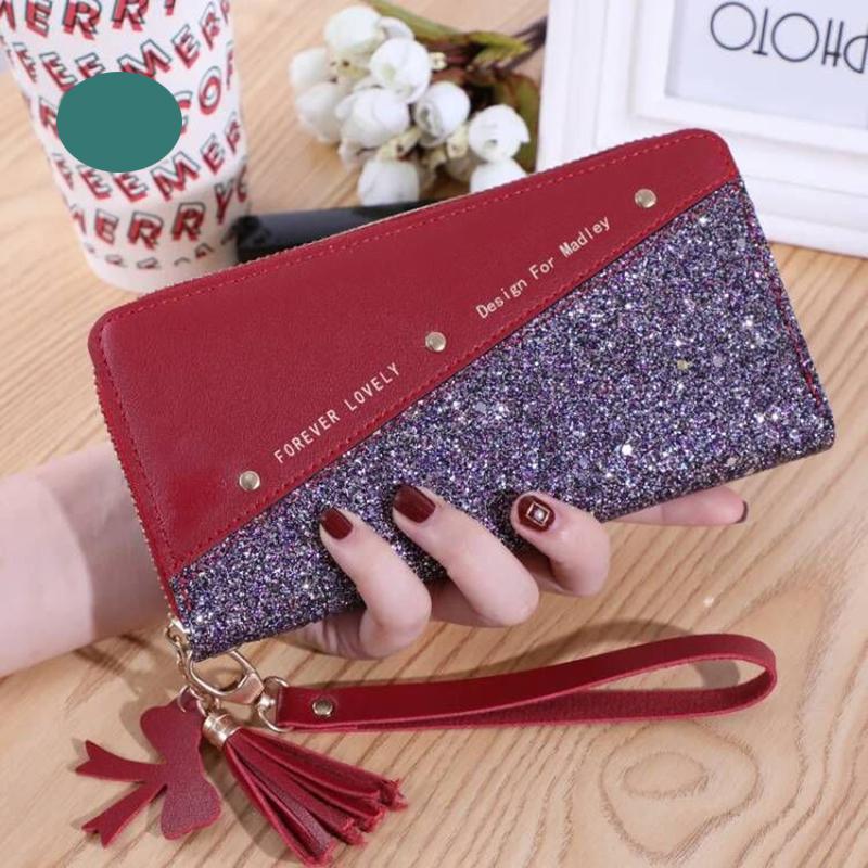 Блестящий блестящий кошелек новый длинный женский кошелек на молнии - корейское плетение контраст цветов кисточки и заклепки 1889₽