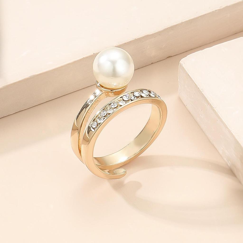 Chic Double Layer Pearl Alloy Geometric Open Ring - Unique Design