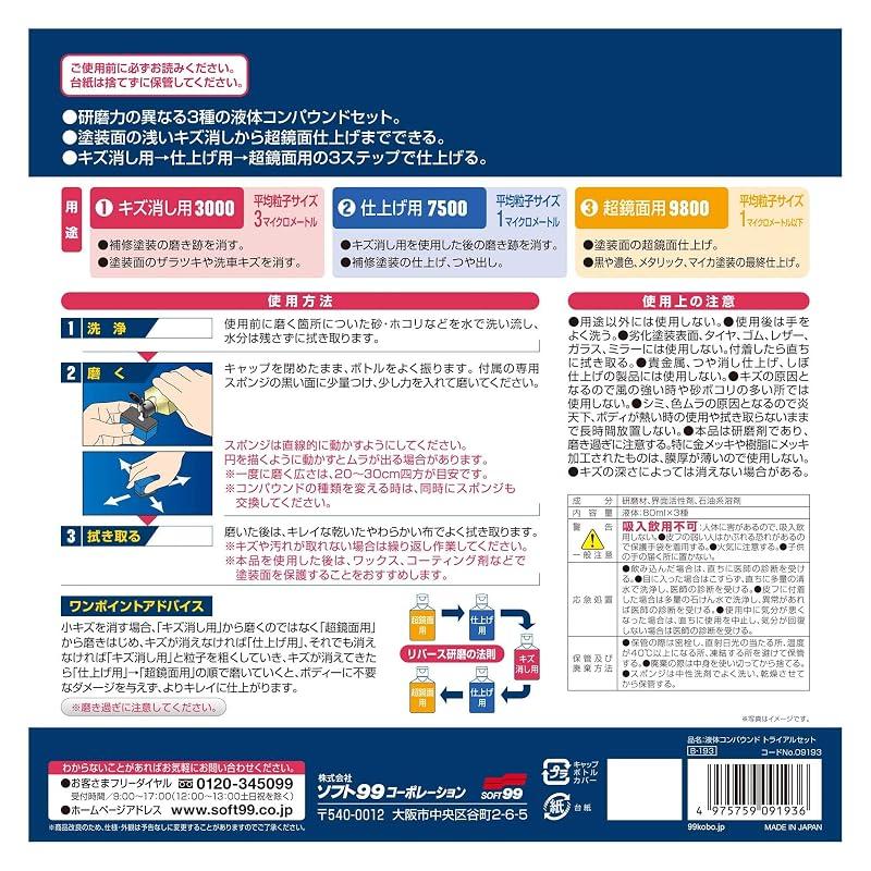 SOFT99 99 Workshop Repair Supplies Liquid Compound Trial Set: For removing scratches, finishing, and mirror-finishing painted surfaces. Includes