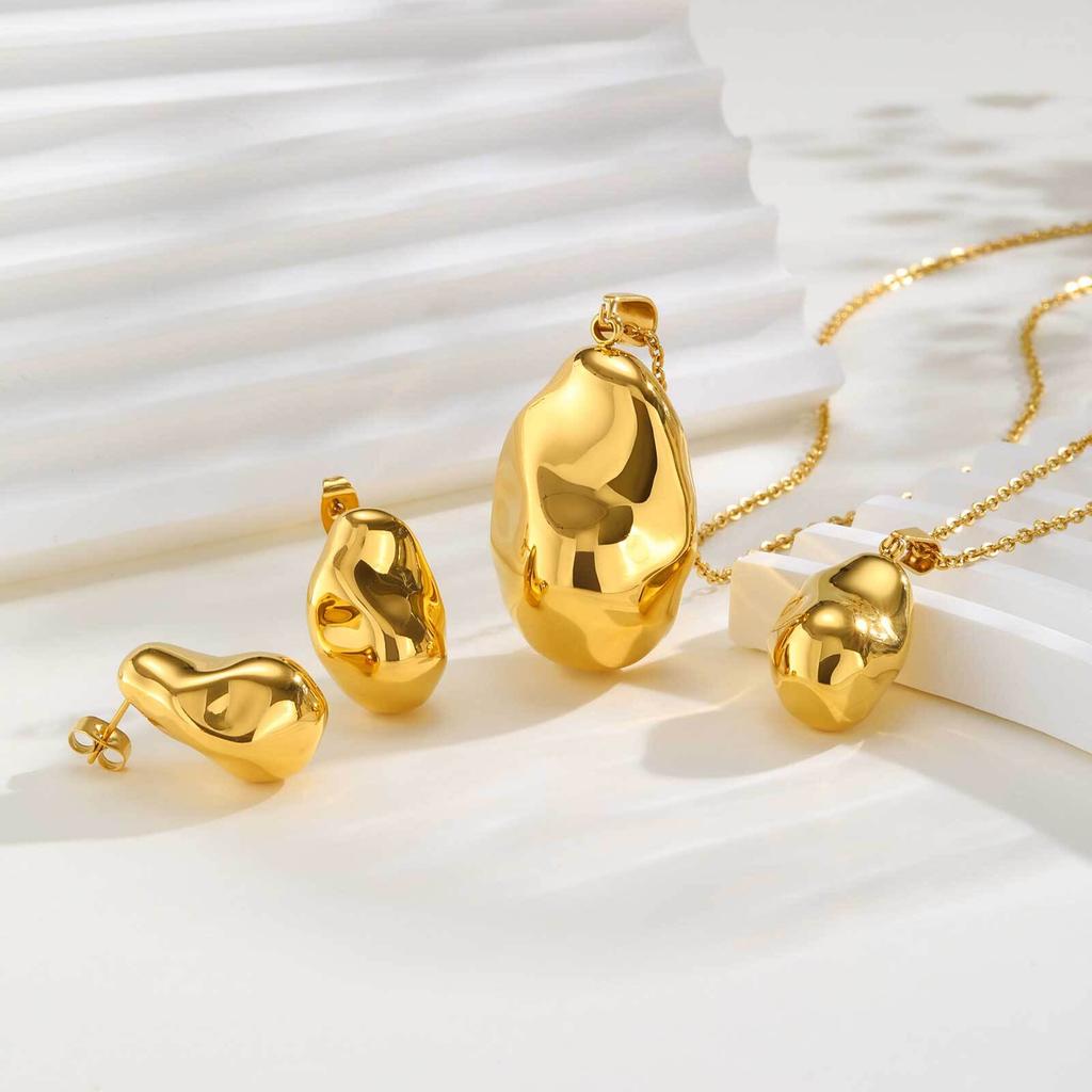 Vnox Stainless Steel 3D Irregular Ball Pendant Simple Smooth Women Necklace And Earring Set Jewelry Accessories Party Gift