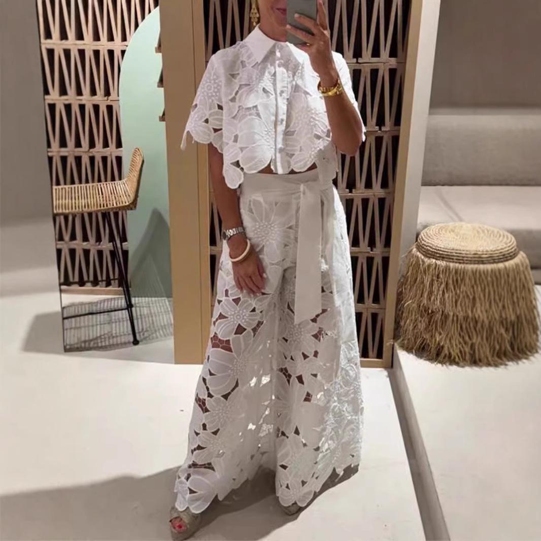 

Летний женский сексуальный ажурный кардиган и брюки палаццо, комплект из двух предметов, европейский и американский стиль, однотонный Extra Large