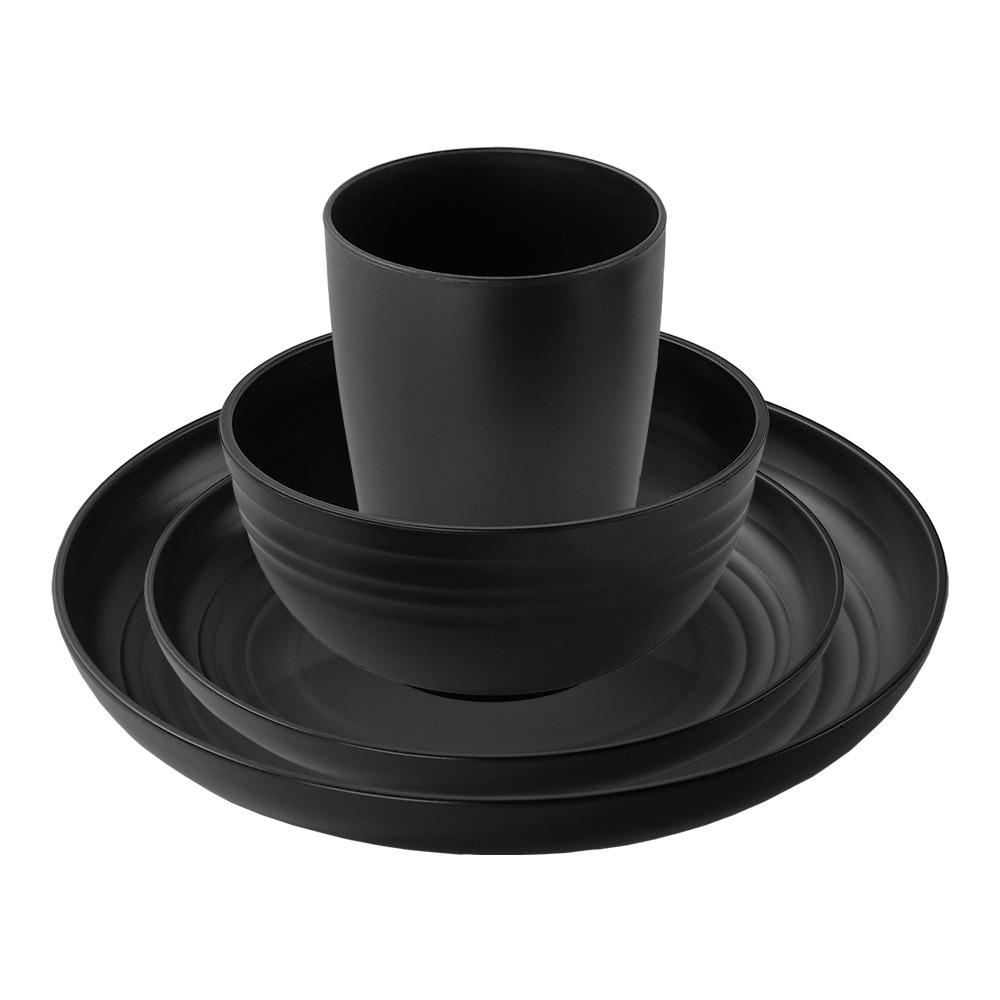 Black Wheat Straw 16PC Dinnerware Set: Plates, Bowls, Cups, Cutlery