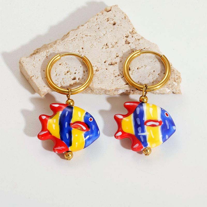 Ceramic Dopamine Fish Starfish Earrings For Women Colorful Vibrant Pendant Youthful Stainless Steel Jewelry Gift