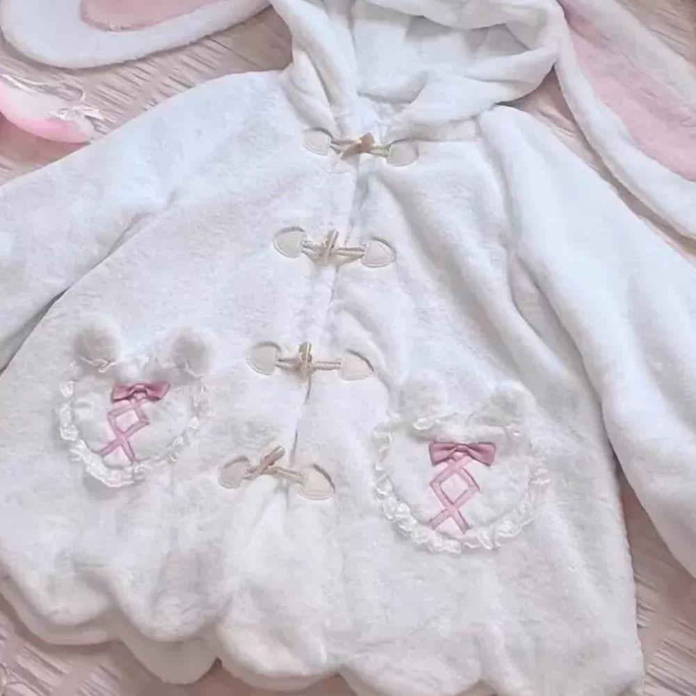 Höst Vinter Söt Varm Färgblock Fuskpälsjacka Hoodie Dam med Björnöron Fluffig Jacka