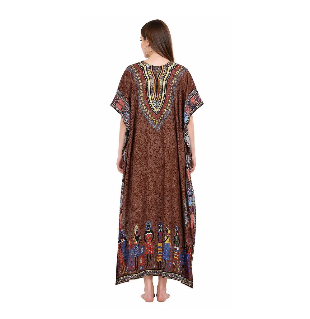 TreegoArt Fashion Women's Polyester Long African Kaftan Caftan Printed Adjustable Boho Dress Nightwear Maxi Gown