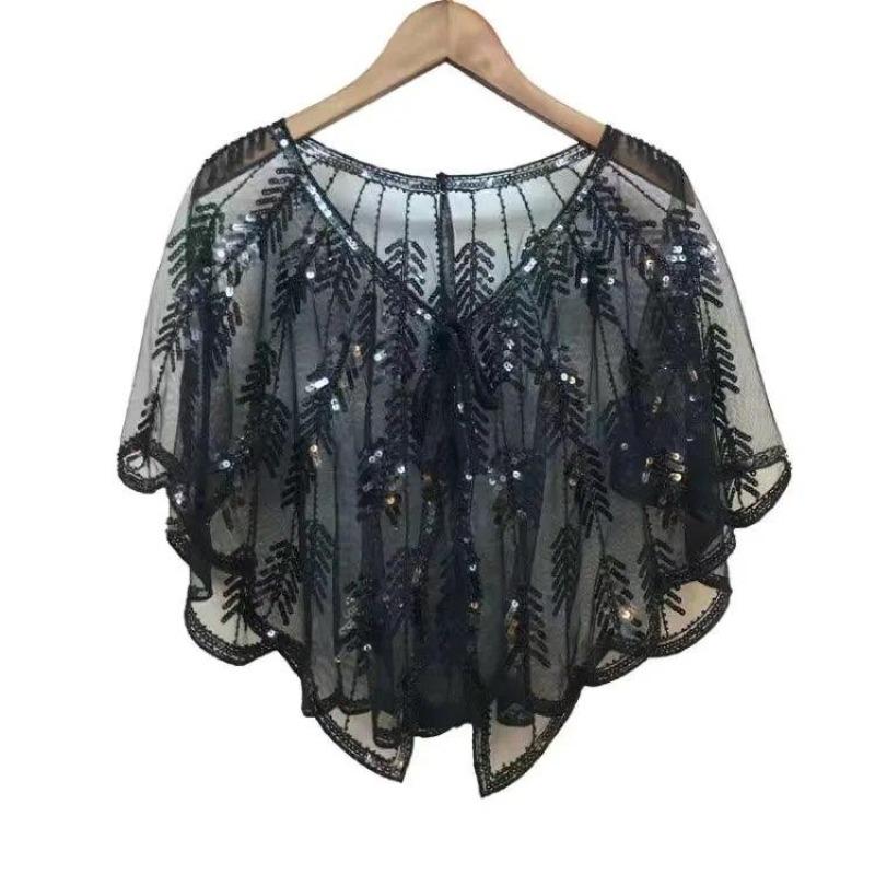 Retro Beaded Sequin Shawl Vintage Flapper Evening Cape Sheer Mesh Embroidery Leaf Women Bolero Party Accessories