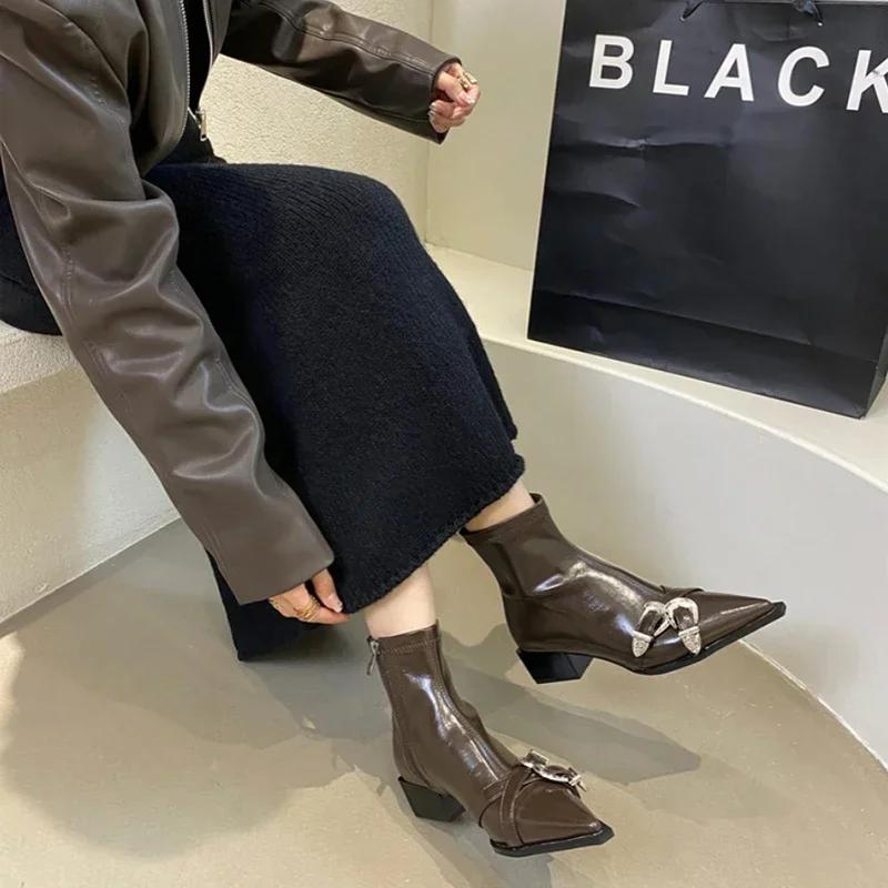Fashion Designer Pointed Toe Women Ankle Boots Fashion Thick Heel Slimming Short Booties Autumn Winter Female Shoes