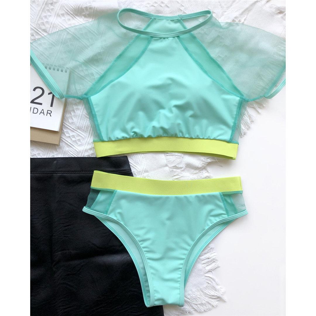 

Сетчатый женский купальник с коротким рукавом, бикини с высокой талией, женский купальник из двух частей, комплект бикини, купальный костюм L зелёный