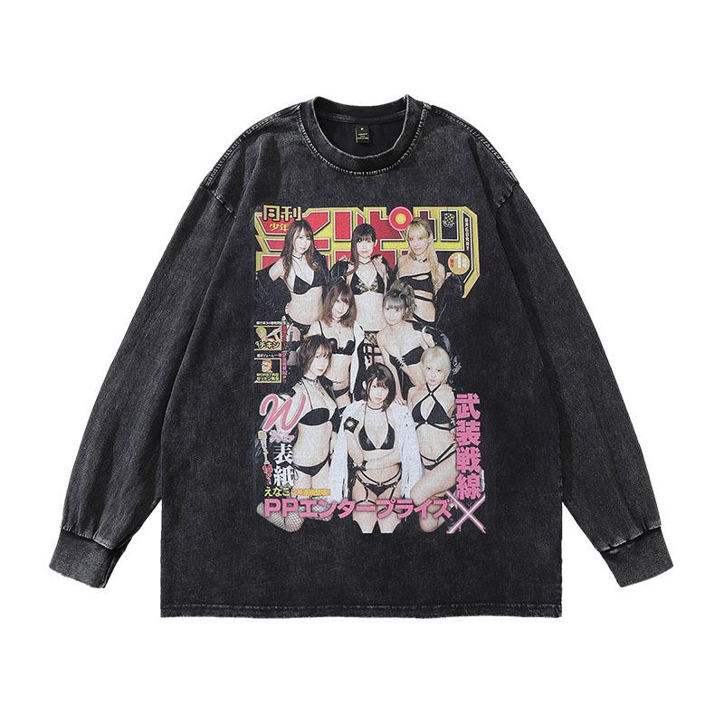 Harajuku Vintage Heavy Vintage Long-Sleeved T-Shirts For Men And Women, Japanese Streets, High Streets, Versatile Casual Base Tops